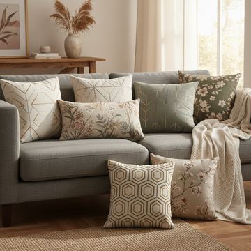 Decorative cushion covers with geometric and floral patterns on a modern couch