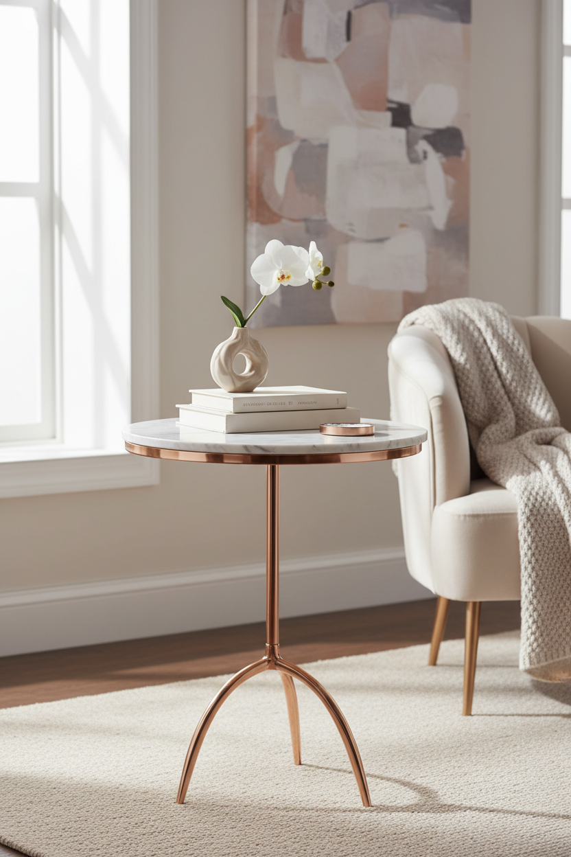 Modern Round Marble Top Side Table with Rose Gold Legs