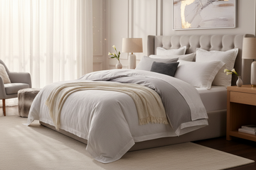 Soft white and light grey premium duvet covers on a cozy bed