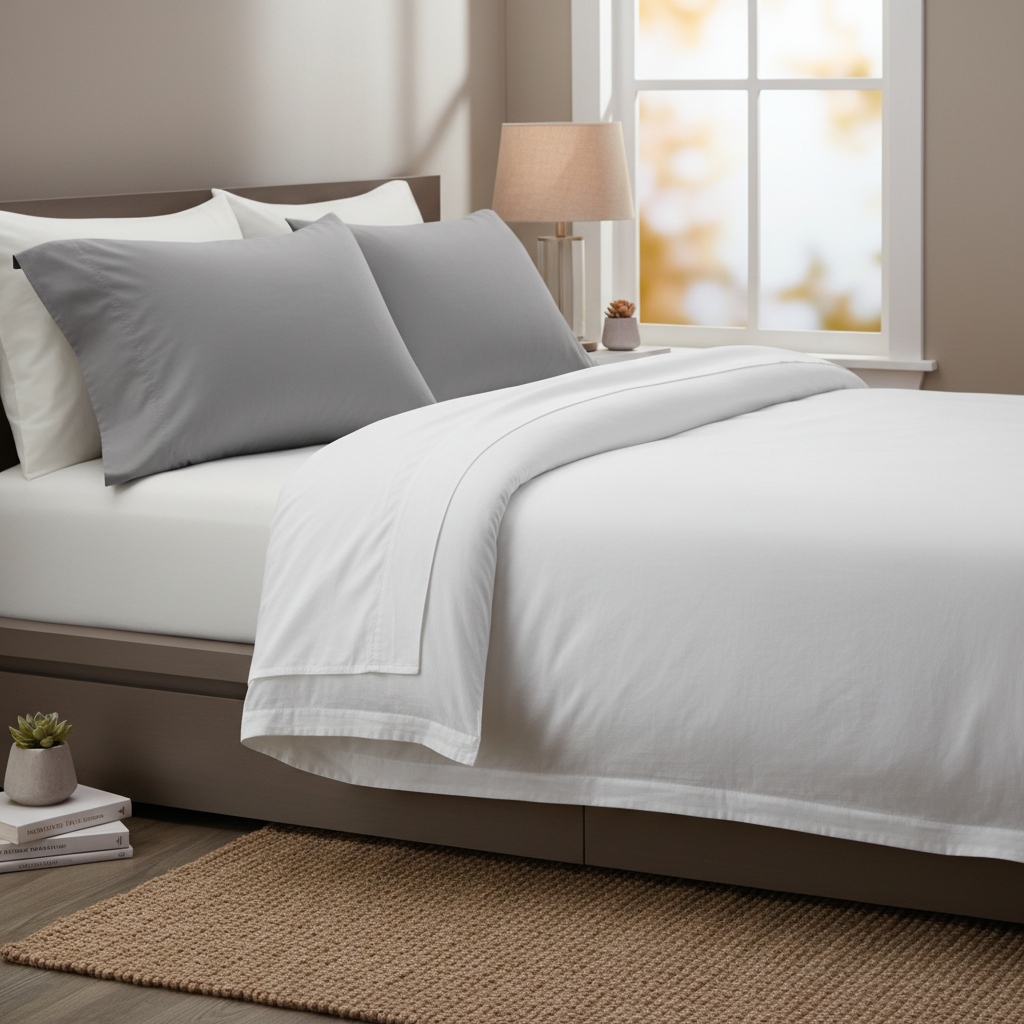 Luxurious premium bed sheets set in white and grey on a modern bed