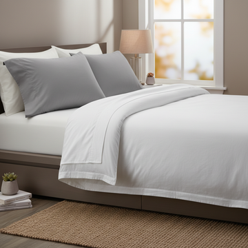 Luxurious premium bed sheets set in white and grey on a modern bed