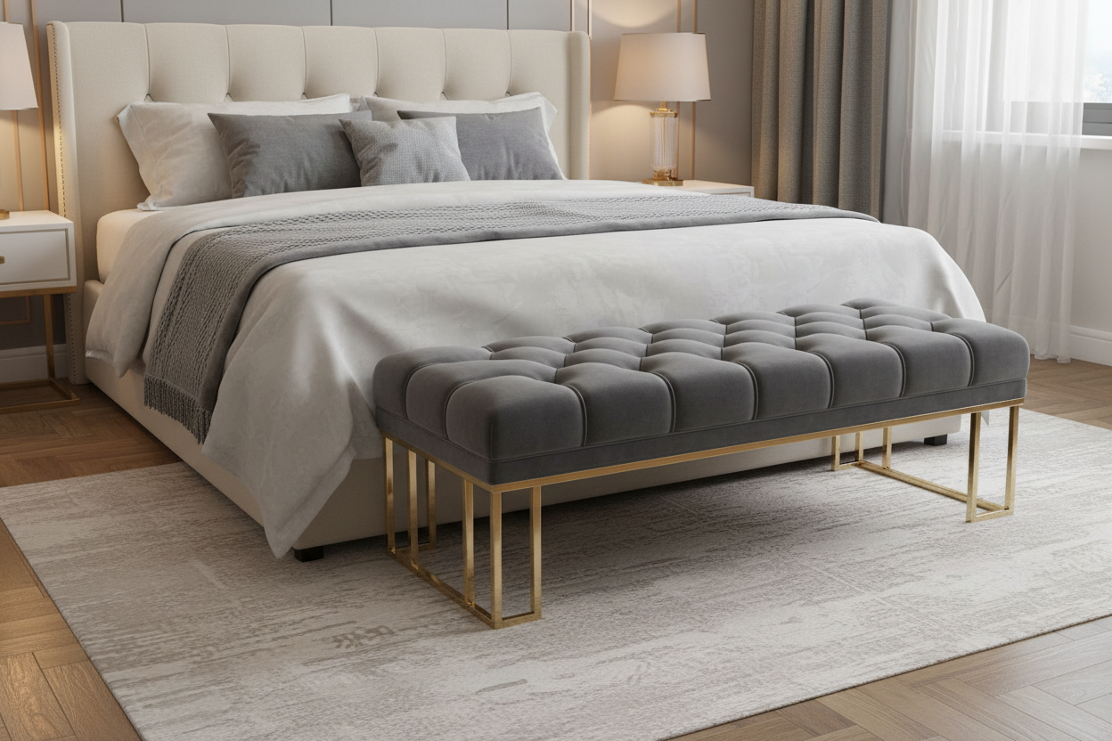 Tufted Velvet Bedroom Bench with Gold Legs