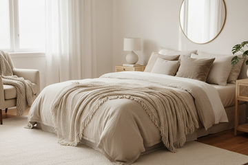 Cozy bedroom with luxury throw blankets in cream, beige and taupe tones