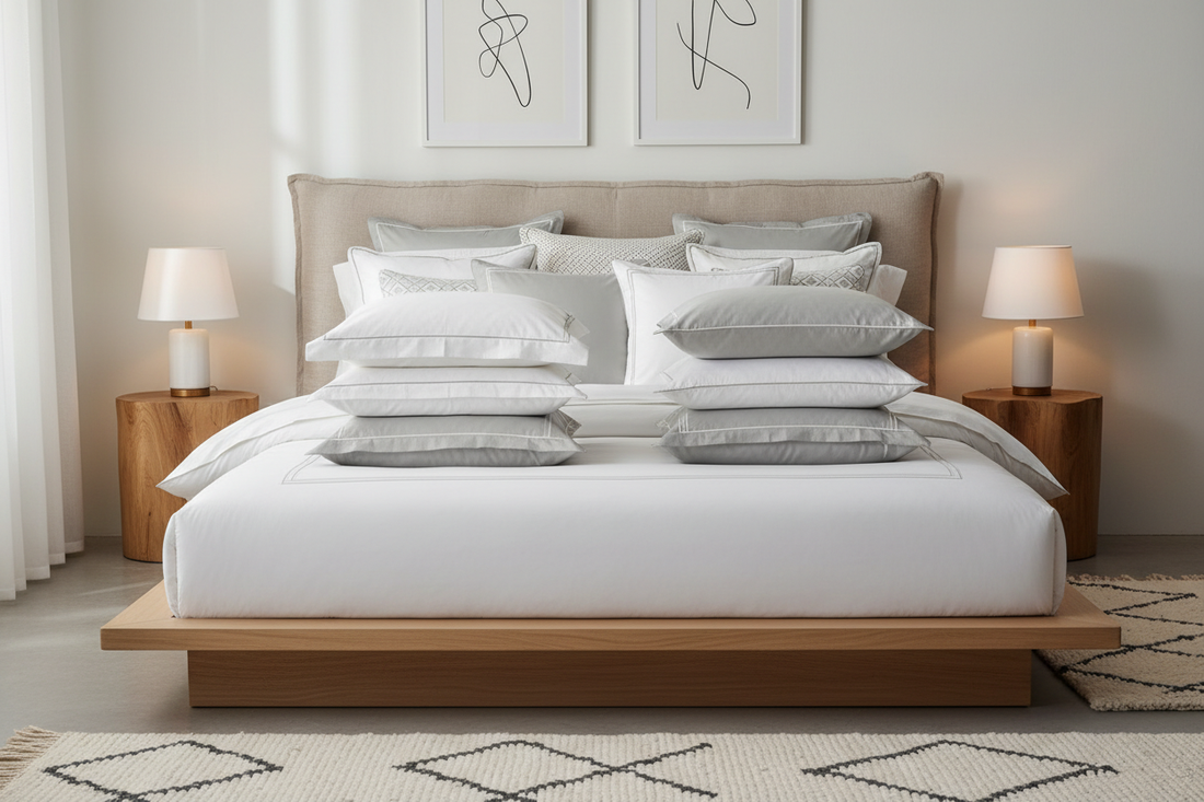 Soft white and light grey premium cotton pillow cases on a cozy bed