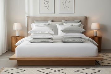 Soft white and light grey premium cotton pillow cases on a cozy bed